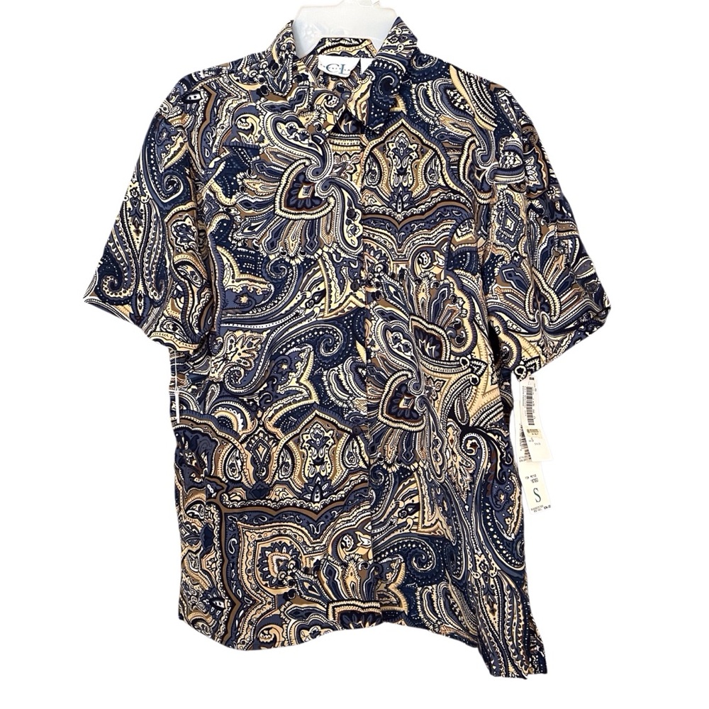 Stylish Paisley Button Down Blouse - Cream, Reddish Brown, and Dark Gray